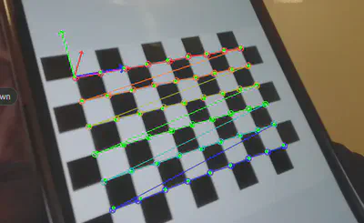Projected 3D axes anchored at the board origin with all 54 corners detected and linked