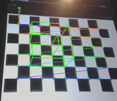 A green wireframe object rendered over a chessboard with rainbow corner polylines and RGB origin axes