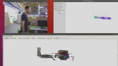 SG-SLAM running on a live RGB-D stream: ORB features tracked on the static scene while a person walks through the frame, the keyframe graph, and the semantically labelled point cloud in RViz